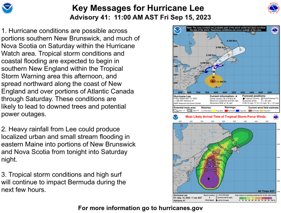 National Hurricane Center on X: 11 am AST: Hurricane #Lee is a large  hurricane and approaching New England and Atlantic Canada. Here are the Key  Messages. Visit  for details.   /