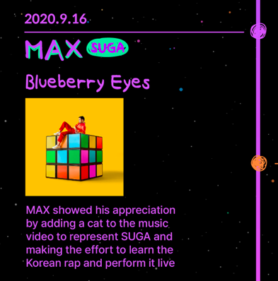 dSUGA_1993's tweet photo. Today marks the 3rd Anniversary of MAX - "Blueberry Eyes (feat. SUGA of BTS)"!
Max shared that given the option to pick any song from his album, SUGA chose to feature on BBE and added lyrics dedicated to his light, ARMY.
BBE 3RD ANNIVERSARY
SUGA IS ARMYS LIGHT
#3YearsWithBBE https://t.co/fk7sgeAGgN
