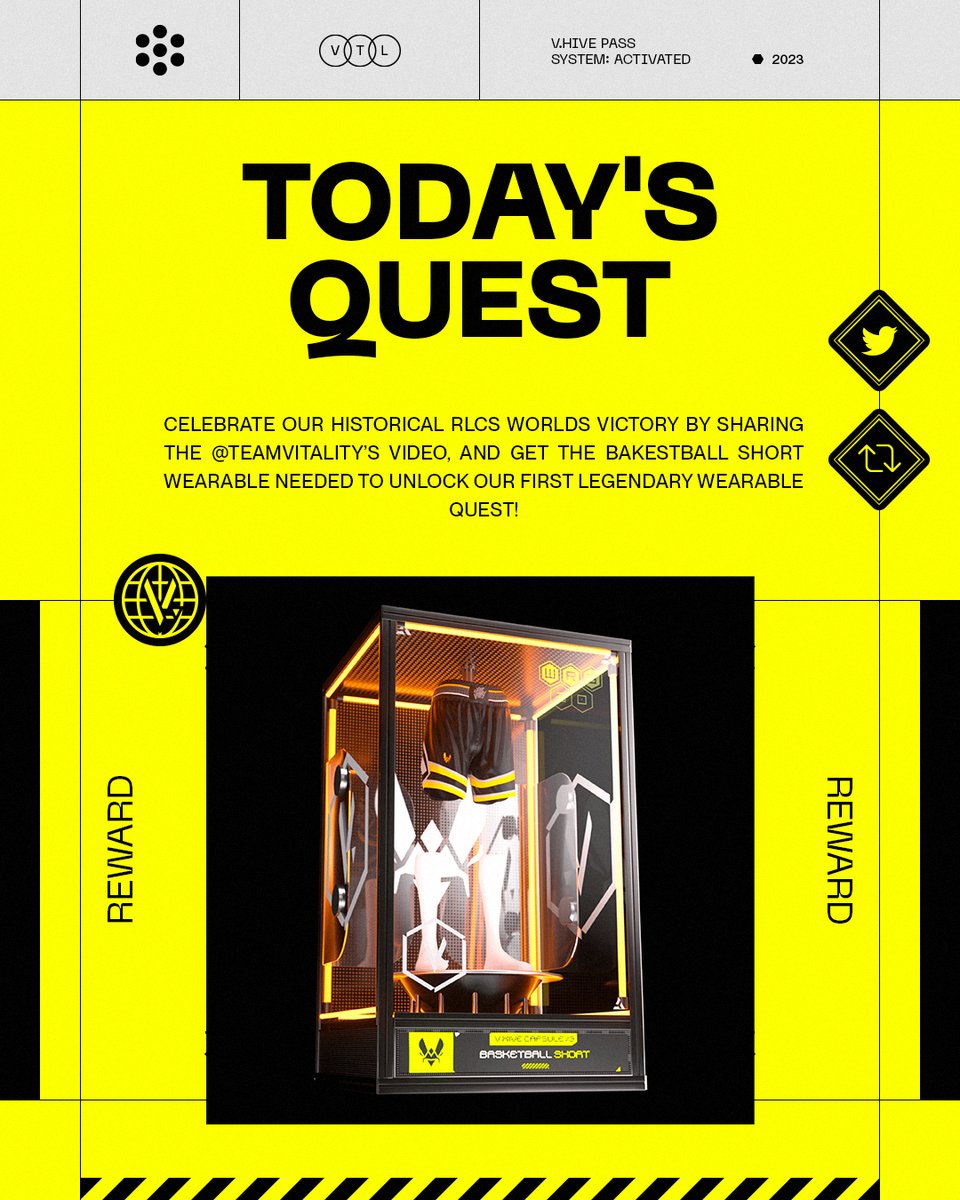 NEW QUEST ⚠️

Celebrate our historical RLCS Worlds Victory by sharing our video, and get the Basketball short wearable needed to unlock our first LEGENDARY wearable quest! 🎁