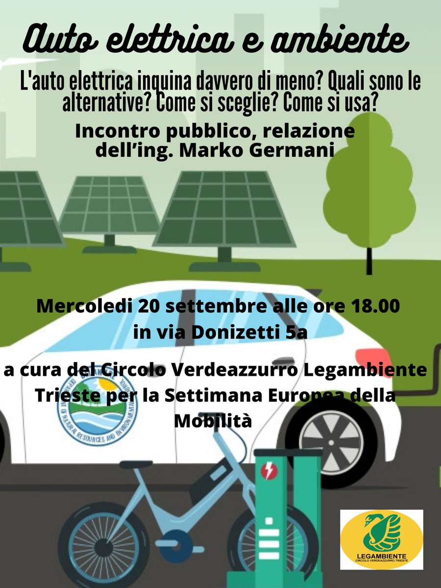 Incontro pubblico “Auto elettrica e ambiente. L'auto elettrica inquina davvero di meno? Quali sono le alternative? Come si sceglie? Come si usa?”, relazione dell'ing. Marko Germani. Mercoledi 20 settembre alle ore 18.00 in via Donizetti 5a, Trieste
#SEM2023