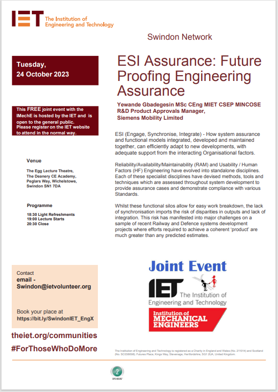 IETSWINDON's tweet photo. Join us at the Egg Lecture Theatre in Swindon on the 24th of October from 18:30 to learn about Future Proofing Engineering Assurance. Register here -> https://t.co/U0zur9dpEy https://t.co/jc7u4Ut9MT