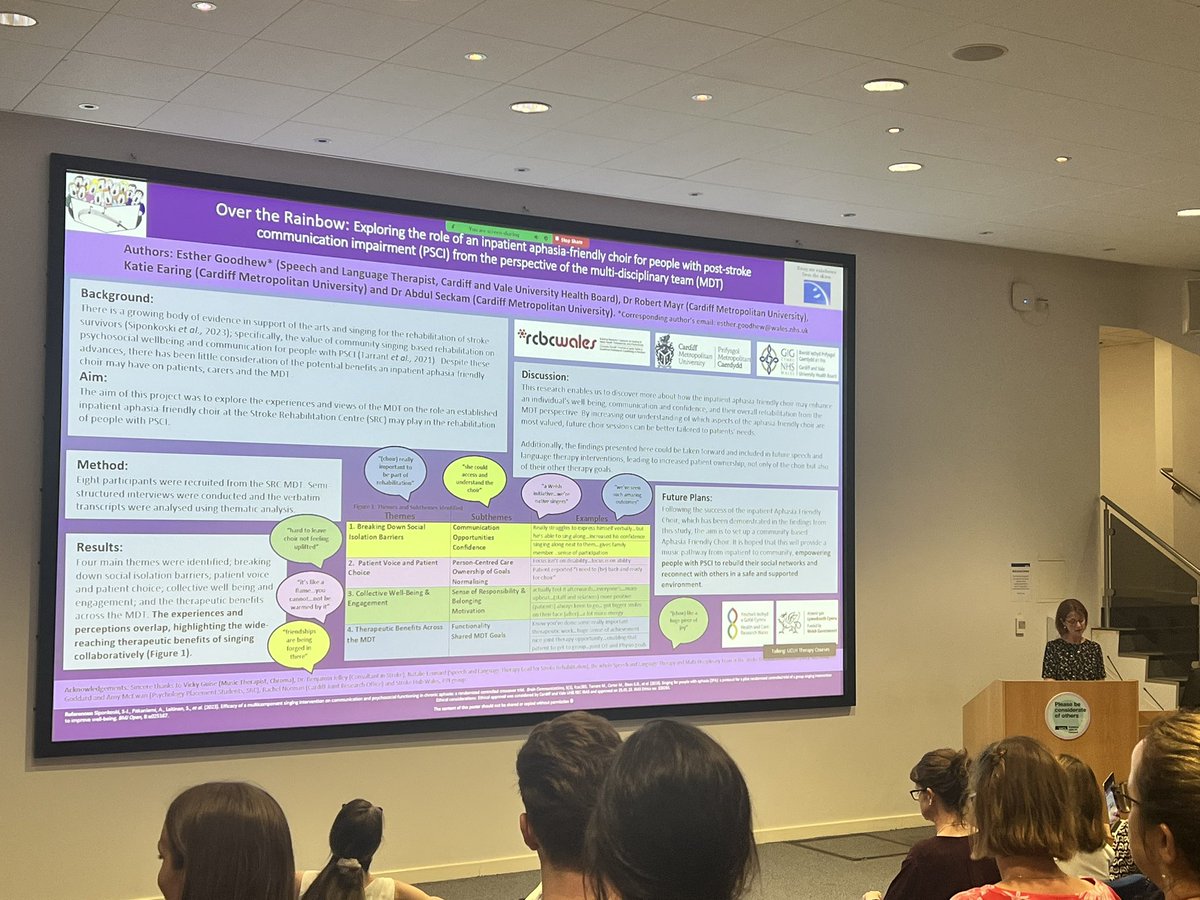 BasAphasia's tweet photo. Next we have Esther Goodhew sharing how her team set up an inpatient aphasia choir with the support of music therapy. Thank you Esther for showcasing this amazing project, its positive results &amp; future plans 🎶 #BASConf23 #aphasiachoir #musictherapy #SLT https://t.co/NILr3LUBfB