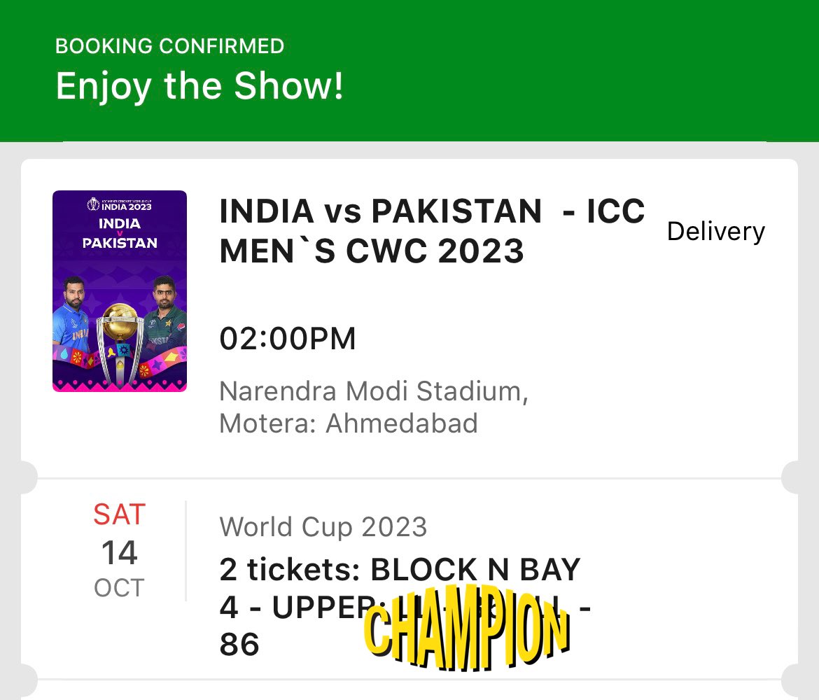 Rutvij1611's tweet photo. Got 2 extra tickets for India vs Pakistan match. 

Interested people can DM. 
Last chance… 
#BookMyShow 
#INDvsPAK 
#IndianCricketTeam 
#CricketWorldCup2023
 @aaditya_lagad https://t.co/m633uc80MC