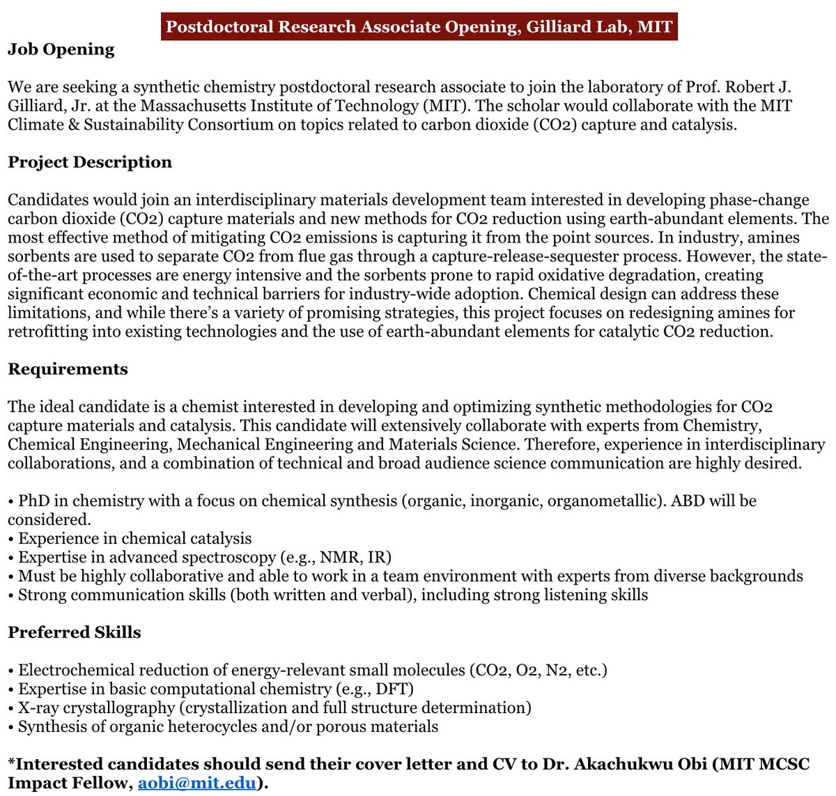 Come join our lab and work on CO2 chemistry with @ac_obi and the MCSC team!