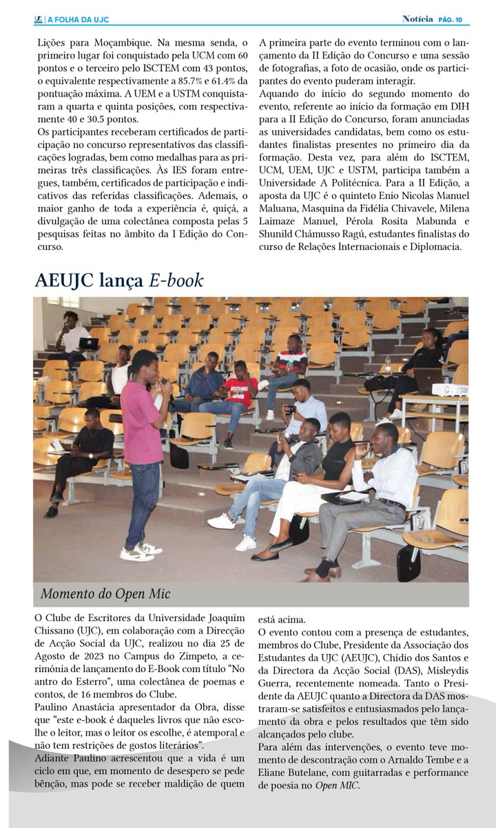 jlr_matthews's tweet photo. Happy to see Joaquim Chissano University's newsletter highlighting the first edition of the #IHL essay competition with the participation of six Mozambican universities.
The competition was co-organized by @ICRC and the Legal and Judicial Training Centre, #CFJJ. https://t.co/j7nSUtzHeh