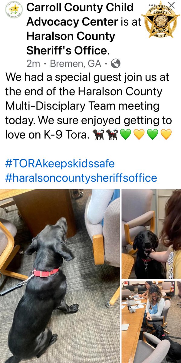 HaralsonSheriff's tweet photo. Our Multi Disciplinary Team meetings are vital to our work to protect children, so you can imagine that the meeting are often heavy as we discuss child trauma cases. Todays special visit by K-9 Tora really brightened the day!
#K9Tora #ChildAdvocacy #ItsForTheChildren #CCCAC https://t.co/O4yAMx9SWx