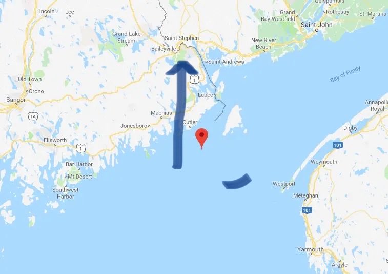 WannabeWxGuy's tweet photo. We are expecting Dick Bigger to cross into Canada later tonight in the Baileyville area then head to St John for the night.  He will probably grab an evening lunch in Bangor Maine.  I like that name FYI.  #hurricanelee #WBWG https://t.co/FSZnXUNbw4