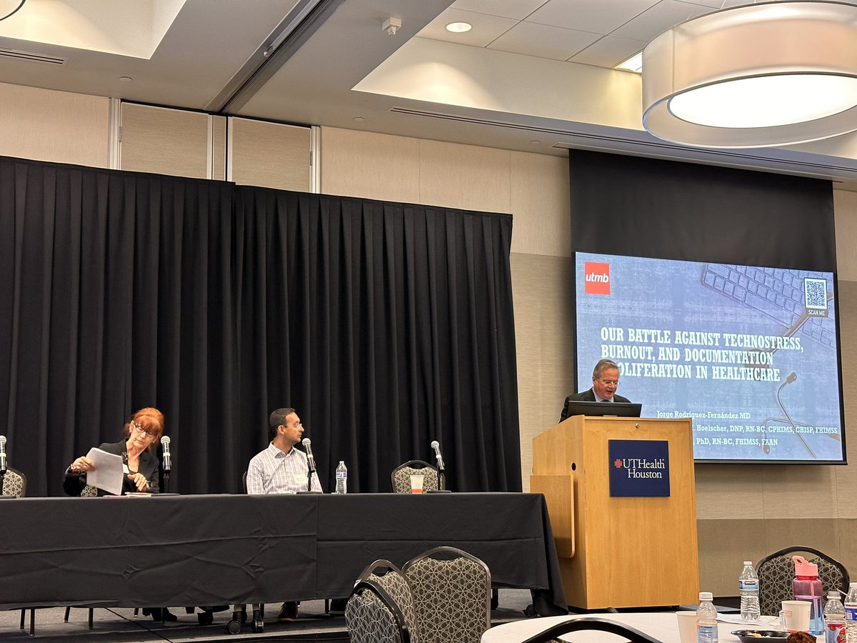 TexasHIAlliance's tweet photo. Dr. Jorge Rodriguez Fernandez and Dr. Mari Tietze take the stage for the first presentation of the focus session: “Our Battle Against Technostress, Burnout, and Documentation Proliferation in Healthcare” #THIA23 https://t.co/r3Lnl2c5HI