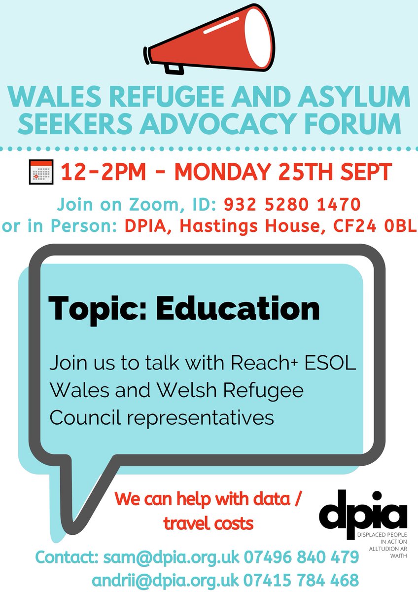 Join us on Monday, the 25th of September, for our Advocacy Forum on Education! This will be a space to bring up any issues or experiences related to accessing education opportunities as an asylum seeker or refugee. Welsh Refugee Council and REACH+ ESOL Wales would be attending.