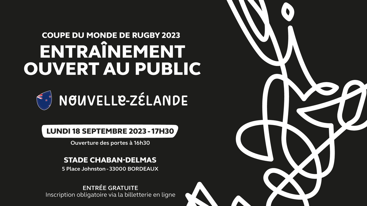 Bordeaux's tweet photo. Assistez à l’entraînement de l’équipe de Nouvelle-Zélande !
Les triples champions du monde de rugby seront à Bordeaux dans le cadre d’un entraînement ouvert au public lundi 18/09 (17h30) au Stade Chaban-Delmas.

Entrée gratuite sur inscription 👉
https://t.co/8Hj3NTsXoa
#RWC2023 https://t.co/I36qPJwYq6