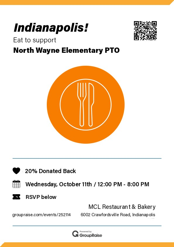 Come out and Support <a href="/PtoNorth/">North Wayne PTO</a> Eat Well, Do Good! 📷 Make a positive impact by joining us at MCL Restaurant &amp; Bakery (6002 Crawfordsville Road) on Wednesday, October 11th between 12:00 PM - 8:00 PM. Indulge in mouthwatering delights while supporting North Wayne Elementary PTO.