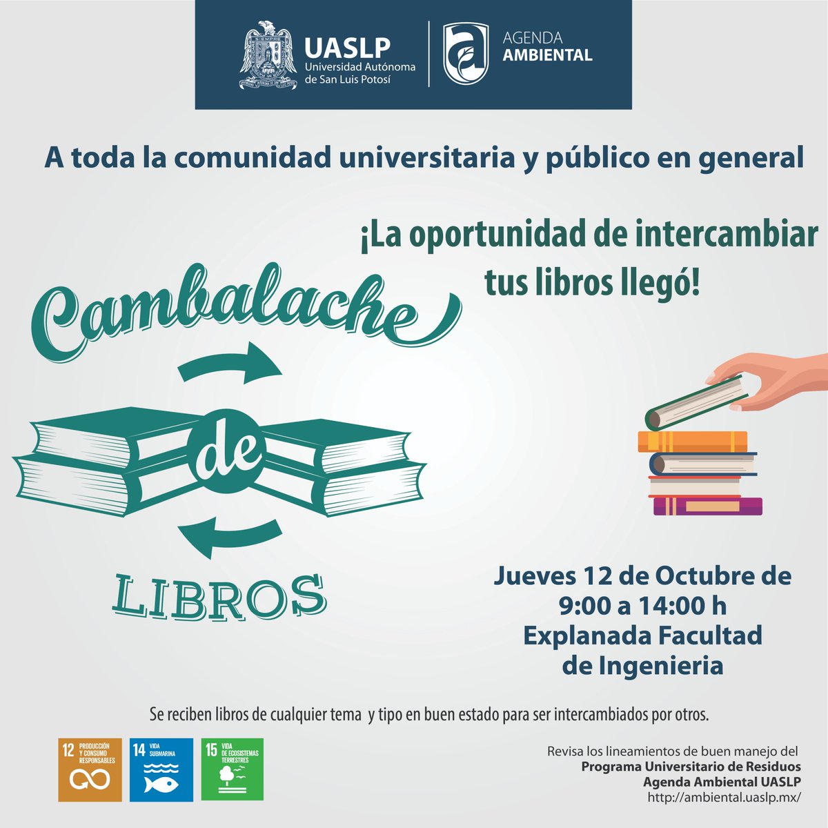 #Nolotires 📚
¿Tienes material de lectura que ya no utilizas?

Jueves 12 de Octubre en un horario de 9:00-14:00h estaremos en el #CambalachedeLibros en la explanada de Ingeniería frente al engrane.🌟

#UASLP #trueque #economiacircular #consumoresponsable #segundamano
#UASLP