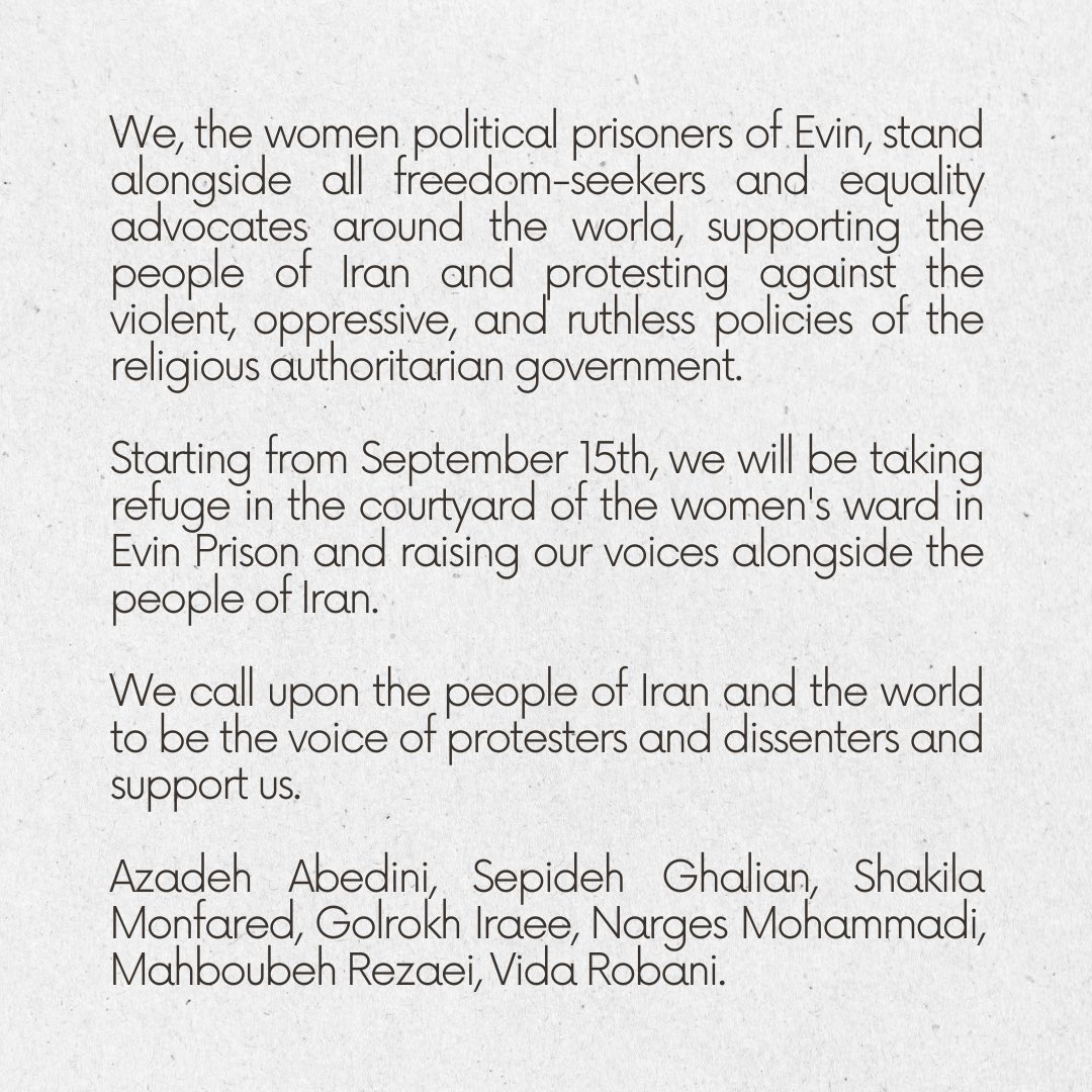 We,the women prisoners of Evin, have taken a stand in the prison courtyard starting from today, in support of the people & in protest against the oppressive government
#AzadehAbedini,#SepidehGholian, #ShakilaMonfared, #GolrokhIraee, #NargesMohammadi, #MahboubehRezaei, #VidaRobani