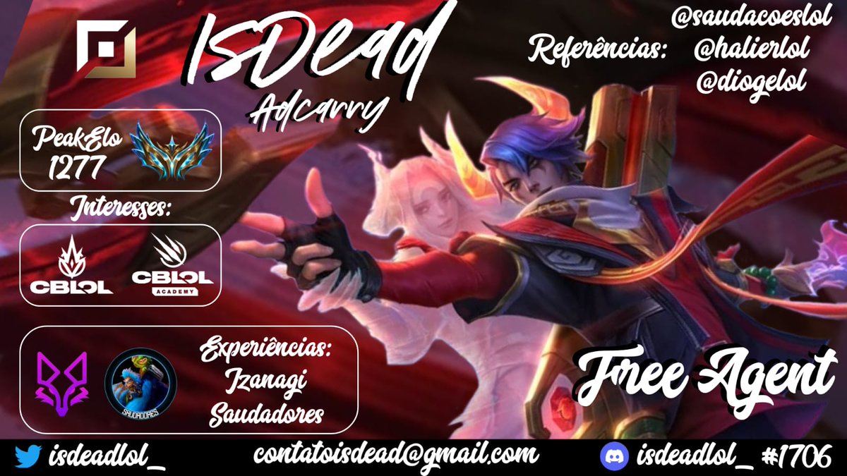 Gostaria de anunciar que estou free agent aberto a propostas trainee/academy 
Referencias:@diogelol @saudacoeslol  <a href="/halierlol/">Halier</a>

RT/like = ❤️
Arte <a href="/diogobispo_/">KBM! IDL Diogo</a>