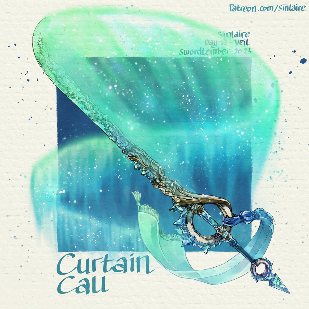 #Swordtember Day 12 - Veil Curtain Call A sword belonging to the Snow Sisters, a guard for the daughters of The Chieftain of The Arnaluk Tribe. The blade produces a shimmering curtain of light as it is swung Hi-res images, stat and cards available on Patreon #Swordtember2023