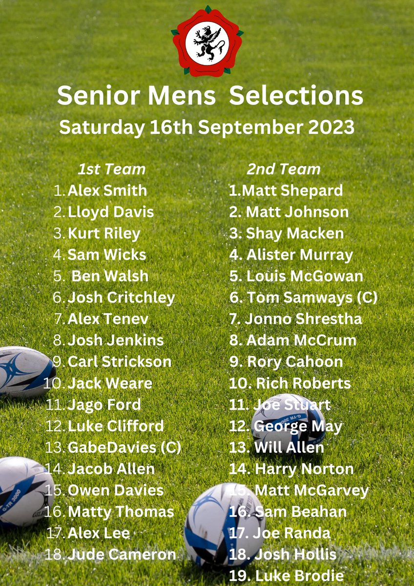 Team selection for this weekends fixtures:

1️⃣st XV at 🏠
🆚 <a href="/KLRUFCInfo/">Kirkby Lonsdale RUFC</a> 

2️⃣nd XV 🅰️
🆚 <a href="/Stockportrugby/">Stockport Rugby Club</a> 

3️⃣rd XV at 🏠 (Hall Road)
🆚 <a href="/WallaseyRugby/">Wallasey RUFC</a> 

⏰ 15:00 KO 

🔴⚪️🟢