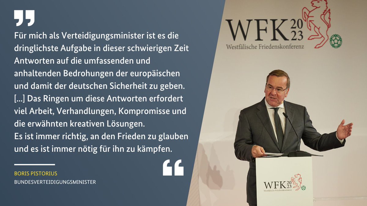 Verteidigungsminister #Pistorius betonte in seiner Rede beim #WFK23 in Münster, dass man für den Frieden kämpfen muss und das 🇩🇪 weiterhin die #Ukraine bei ihrem Kampf gegen den russischen Aggressor unterstützen wird. #StandwithUkraine