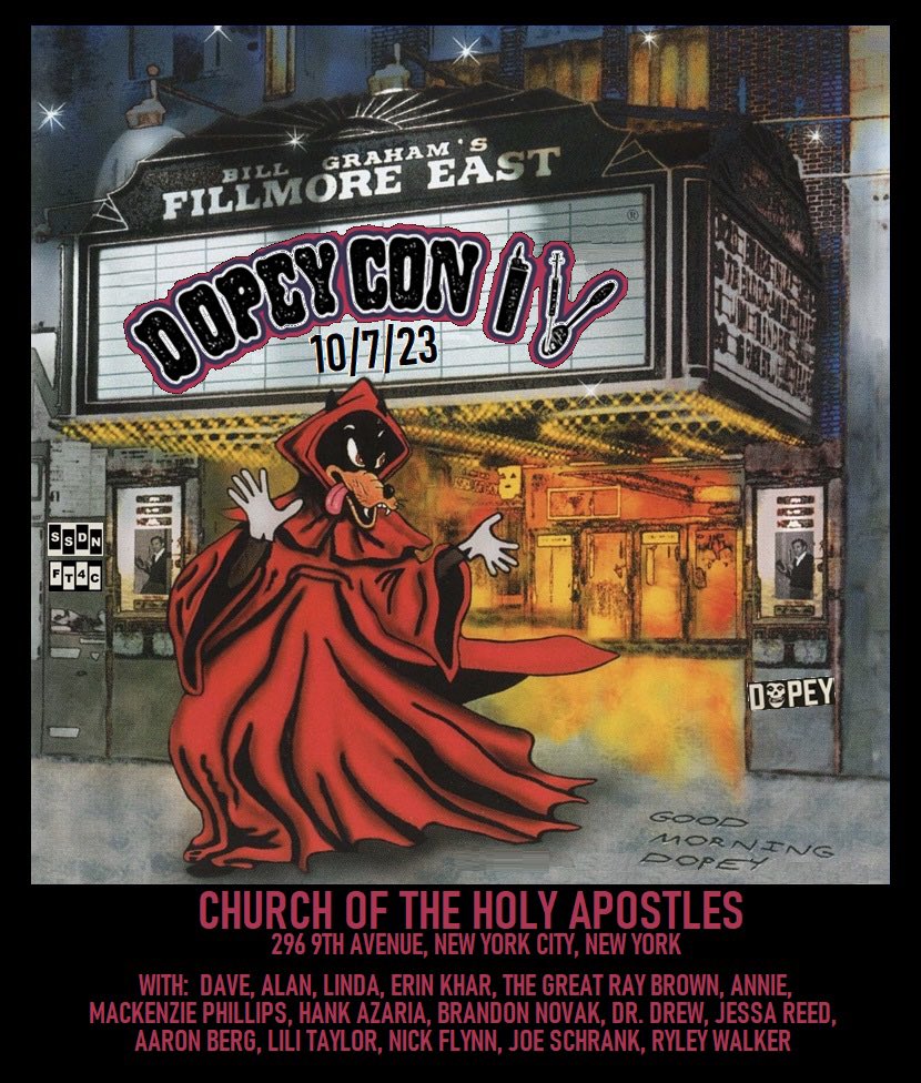 T-22 DAYS &amp; Counting, down to DOPEYCON IV!!!  

- Punker chick lays it down
- DopeyCon 2 image resurrected 
- DopeyHead Guy as Captain
- Grateful Dead repurposed  

Git yer tickets Dopes!!
&amp; then have a Bitchen Fuckin’ Weekend!!

SSDN⚡️FT4C
tickettailor.com/events/thedope…