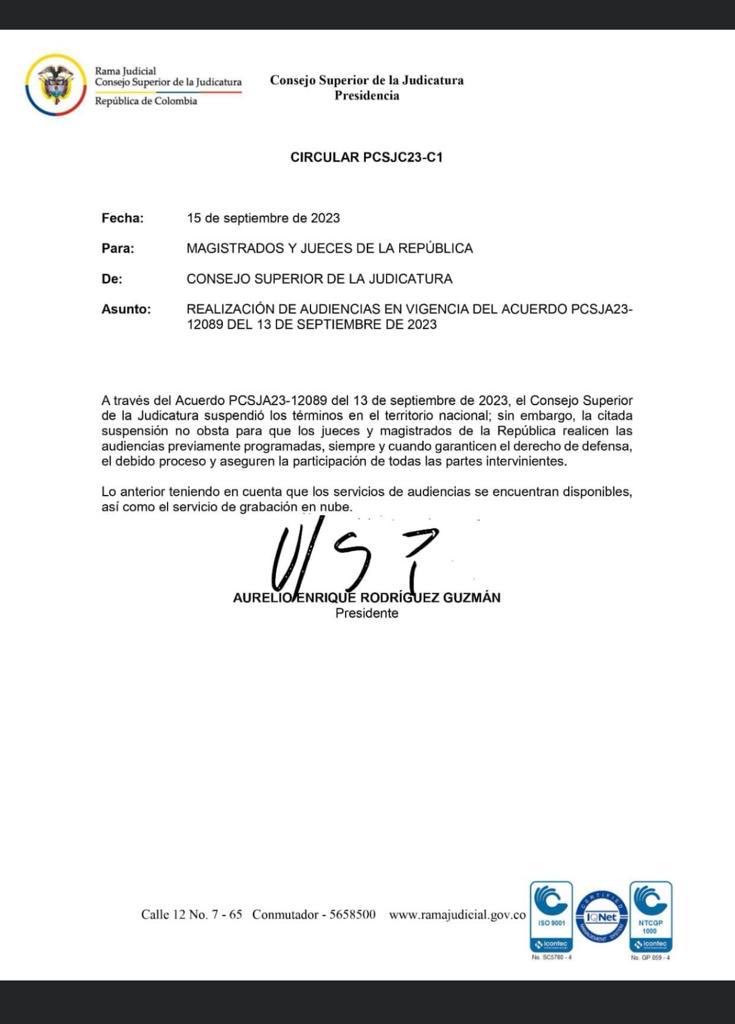 ASUNTOSLEGALESS's tweet photo. #CircularCSJ Acuerdo PCSJA23-12089 del 13 de sep 2023, el Consejo Superior de la Judicatura suspendió los términos en el territorio nacional; sin embargo, la citada suspensión no obsta para que los jueces y magistrados realicen las audiencias previamente programadas siempre y https://t.co/TNAKGReFMl