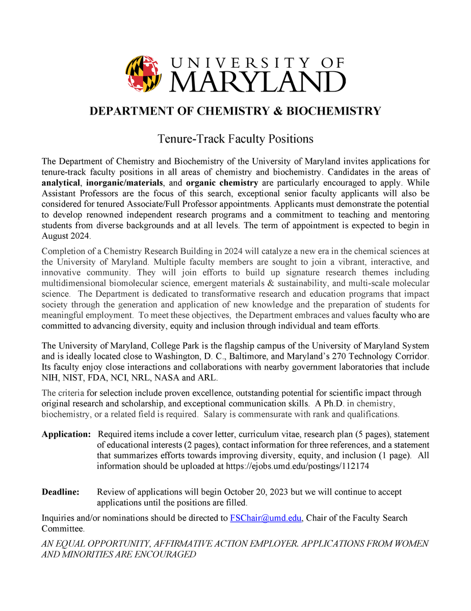 Rodriguez Group UMD (@rodriguezlabumd) on Twitter photo Exciting time to be at the Department of Chemistry and Biochemistry at Univ. of Maryland <a href="/ChemBiochemUMD/">UMD Department of Chemistry & Biochemistry</a> <a href="/UMDscience/">UMD Science</a>. We seek three new tenure track faculty. Emphasis on inorganic/materials chemistry, organic chemistry, and analytical chemistry. See advert & please repost! Exciting time to be at the Department of Chemistry and Biochemistry at Univ. of Maryland <a href="/ChemBiochemUMD/">UMD Department of Chemistry & Biochemistry</a> <a href="/UMDscience/">UMD Science</a>. We seek three new tenure track faculty. Emphasis on inorganic/materials chemistry, organic chemistry, and analytical chemistry. See advert & please repost!