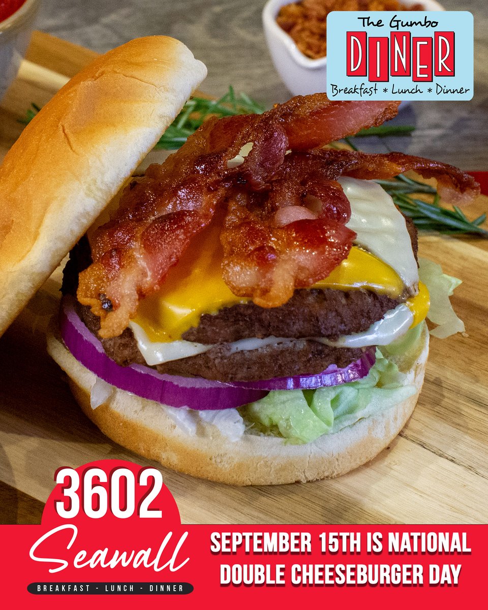 What’s better than a Cheeseburger? A Double Cheeseburger! Celebrate this tasty dish with us this Sept 15.
3602 Seawall Blvd.