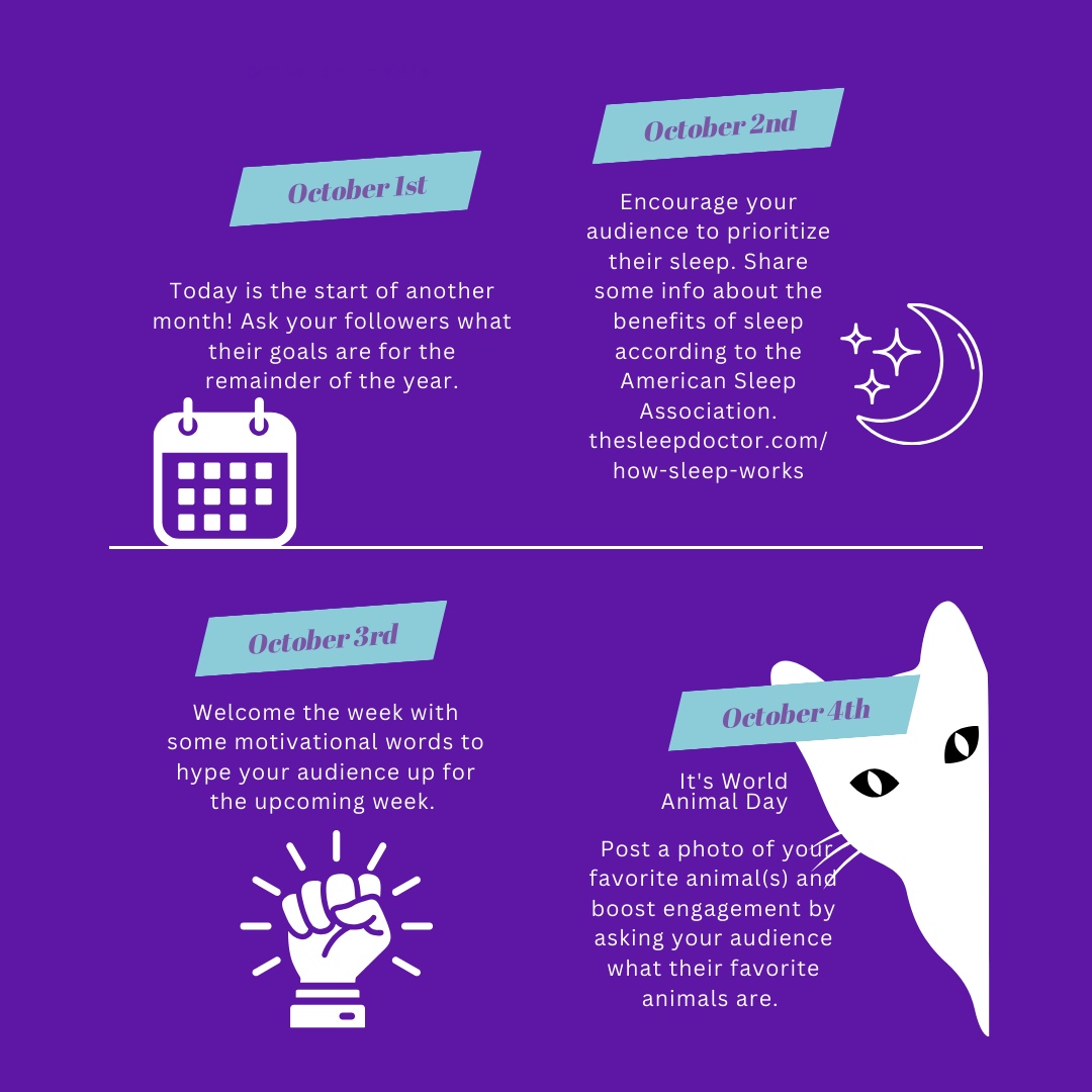 MasterItMedia's tweet image. 📅 October Content Ideas! 🍂✨
Tap the bookmark icon and SAVE for later. 

Your small business deserves a boost! 🚀 
💜
🤩
👩‍💻
#MasterItMedia #SaveForLater #ContentIdeas #OctoberMarketing