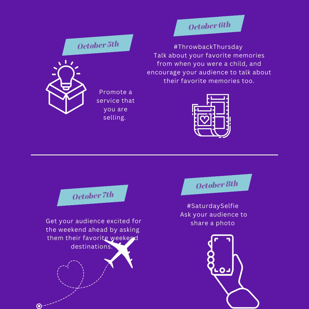 MasterItMedia's tweet image. 📅 October Content Ideas! 🍂✨
Tap the bookmark icon and SAVE for later. 

Your small business deserves a boost! 🚀 
💜
🤩
👩‍💻
#MasterItMedia #SaveForLater #ContentIdeas #OctoberMarketing