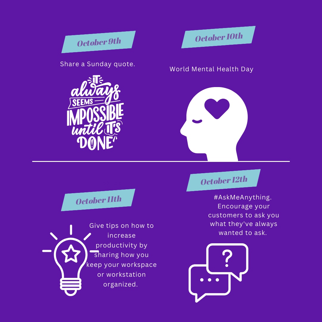 MasterItMedia's tweet image. 📅 October Content Ideas! 🍂✨
Tap the bookmark icon and SAVE for later. 

Your small business deserves a boost! 🚀 
💜
🤩
👩‍💻
#MasterItMedia #SaveForLater #ContentIdeas #OctoberMarketing