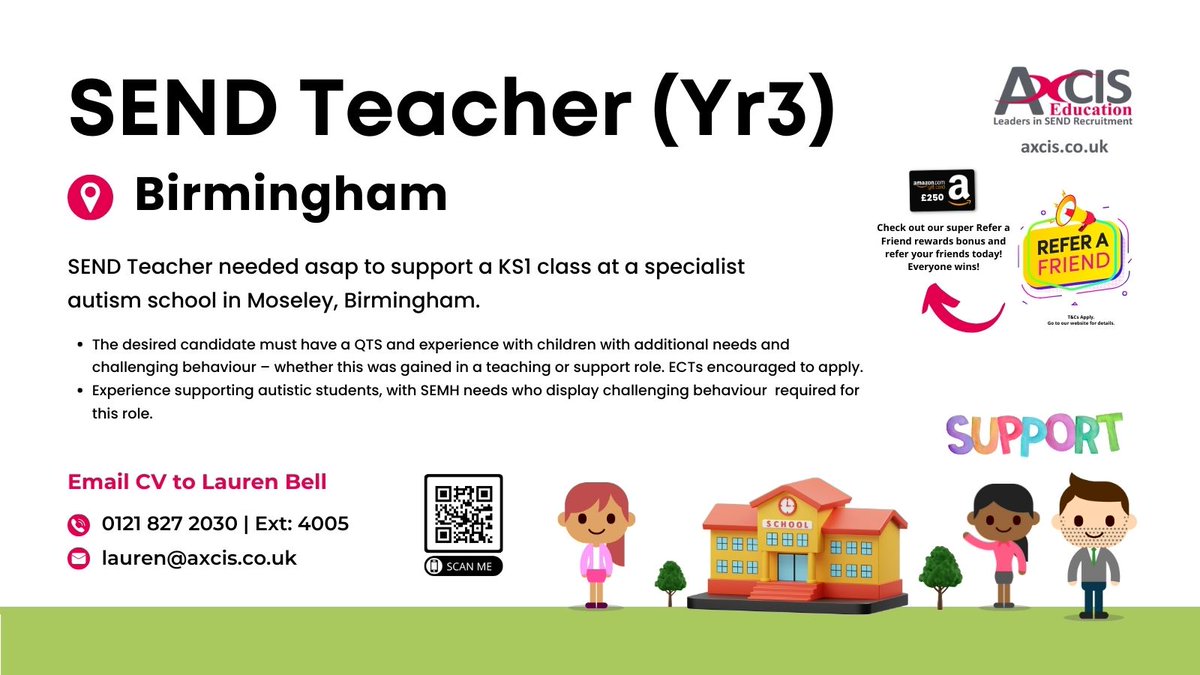 #Year3 #SENDTeacher needed in #moseley, #Birmingham to work #fulltime in an #autism specialist #SEND school teaching a #KS1 class | #QTS & experience working with pupils with #challengingbehaviour | E: lauren@axcis.co.uk / T: 01218272030 | Ext: 4005