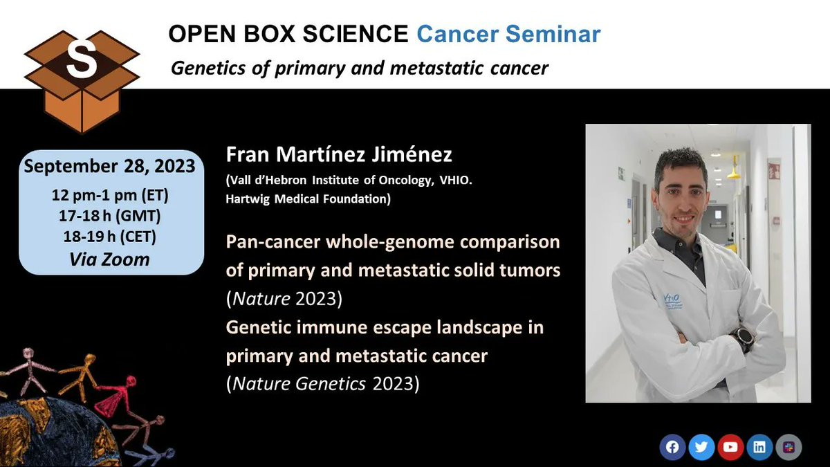 OBS #Cancer Seminar: Primary and metastatic cancer 📆 Th, Sep 28, 12 pm ET/18 h CET The genetics of primary and metastatic cancer 📍 Dr Fran Martínez Jiménez @fran_mj88 @VHIO @HartwigMedical 👇Register us02web.zoom.us/meeting/regist… #openscience