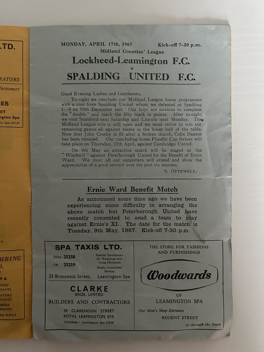 RichFeek's tweet photo. Any @SpaldingUnited or @LeamingtonFC fans interested in this programme? 

It’s from the Midlands Counties League match on 17th April 1967.

Looking for a small donation to the @tommystatue fund in return for it plus postage if required. https://t.co/LUIvaW6Dl6