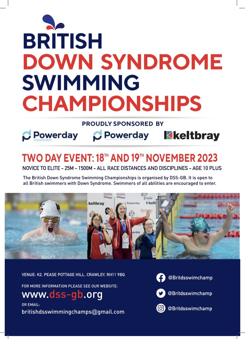 Entries are now OPEN for the 

🔥BRITISH DOWN SYNDROME SWIMMING CHAMPIONSHIPS 2023🔥

Enter here 👉 dss-gb.org/sign-up/

We are looking forward to seeing you ALL @everyoneactive K2 Crawley on 18/19 Nov 🏊‍♀️🏊‍♂️

Generously sponsored for a 2nd year by <a href="/PowerdayPLC/">Powerday</a> &amp; <a href="/Keltbraygroup/">keltbray</a>