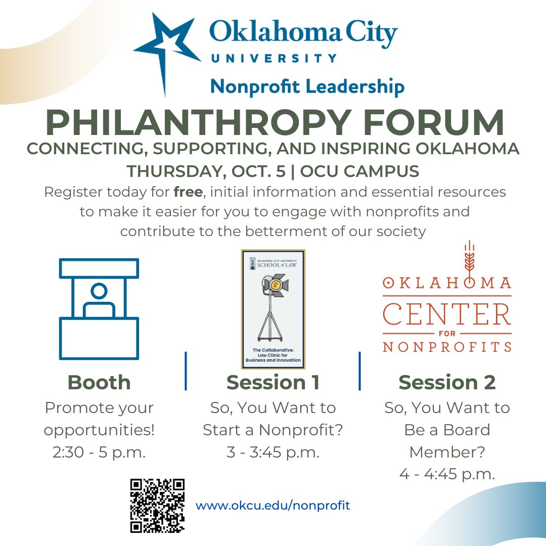 PetreeCollege's tweet image. Join us for the Philanthropy Forum on Oct. 5! The forum is a collaborative effort of @OKCU's Nonprofit Leadership program, the Collaborative Clinic at the Oklahoma City University School of Law , and the Oklahoma Center for Nonprofits. 

This event is open to OCU faculty, (1/2)