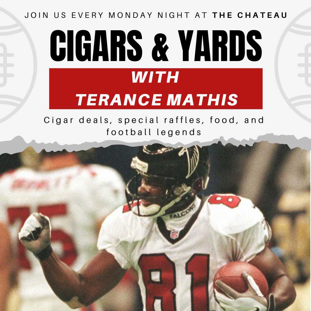 Chateaucigar's tweet photo. Enjoy deals, swag, and raffles from @OlivaCigar at our next Cigars &amp; Yards on Monday, hosted by NFL legend @coachmathis81! Tailgating and pre-game will start at 7:30 p.m. and kickoff is at 8:20 p.m. #cigarsandyards #thechateaucigarlounge #johnscreek https://t.co/2VQSd3s0yd