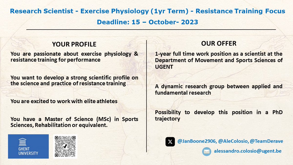 🚨 We are hiring ⚠️

We are looking for a junior scientist to work on topics surrounding resistance training. Together with me, <a href="/JanBoone2906/">Jan Boone</a> and <a href="/TeamDerave/">TeamDerave</a>.

Apply before Oct 15th!  jobs.ugent.be/job/Gent-Scien…

Please RT
