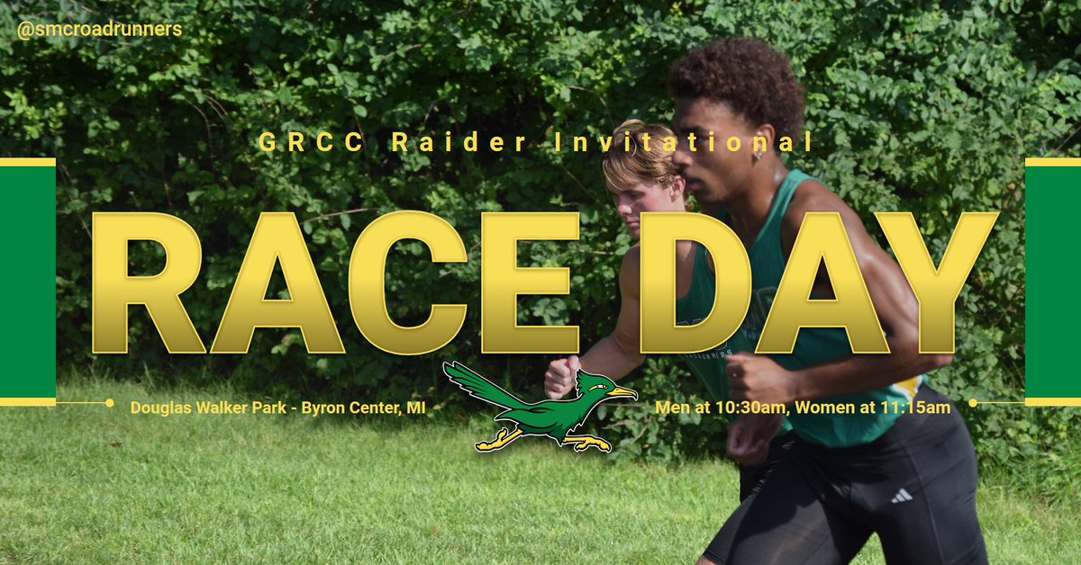 SMCRoadrunners's tweet photo. It's Race Day again for the Roadrunners as the cross country teams head north to the GRCC Raider Invitational, the first conference meet of the year. The men’s 8K started at 10:30am; the women’s 5K follows at 11:15. #LongGreenLine #RunAsOne #FastAndFierce https://t.co/JZ7ByHWg5B