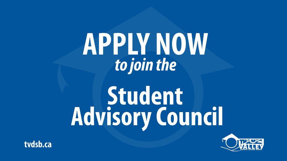 Attention all #TVDSB secondary students! 
Be a positive ambassador for students of all identities and a leader in your school and community. 
Apply to join your school's Student Advisory Council today! 
Deadline is September 29th. Reach out to your Principal directly.