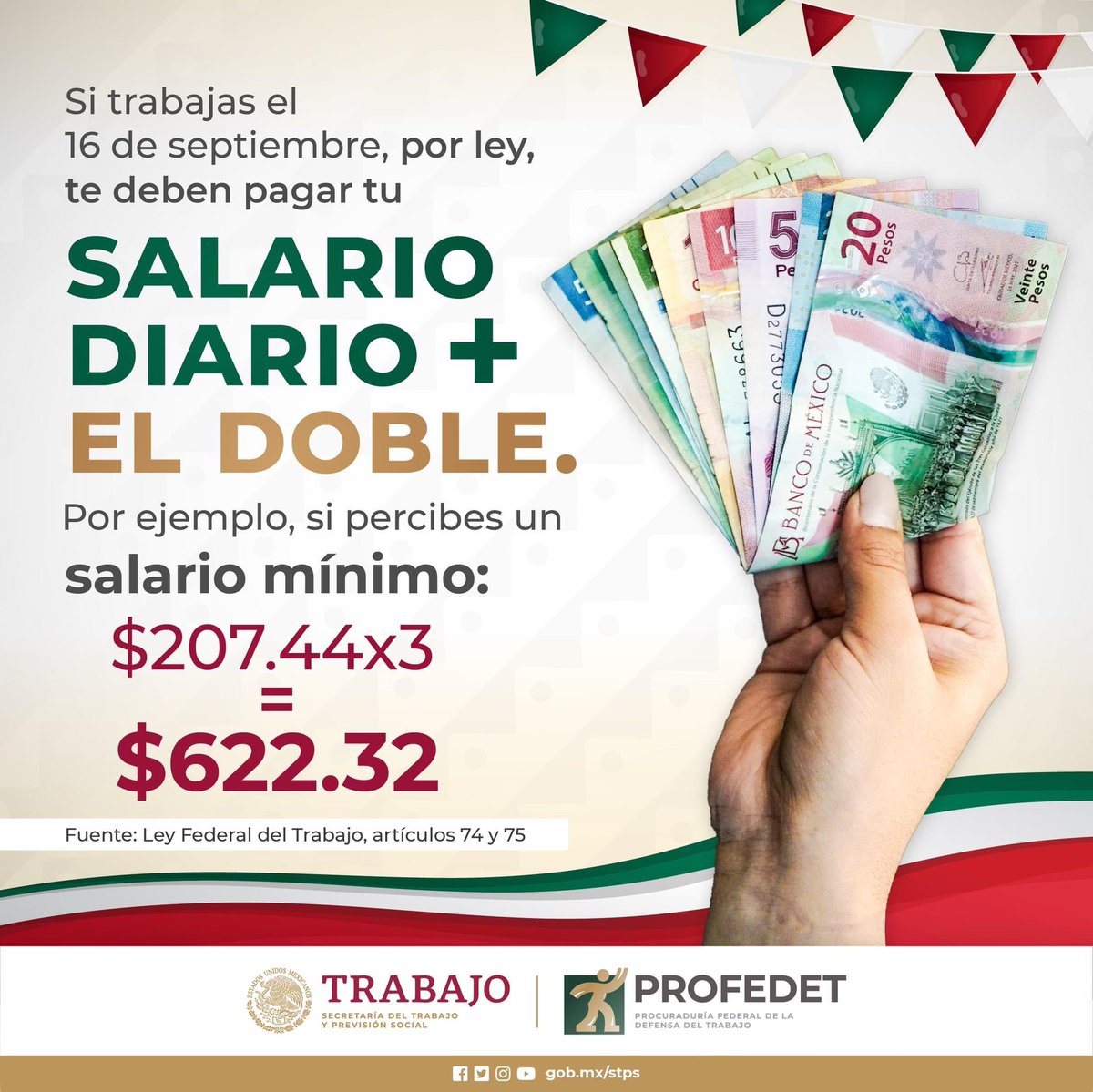 LuisPadronV's tweet photo. La #LFT establece que el 16 de septiembre es día de descaso obligatorio, por lo que no estás obligado a trabajar. 

¡Si asistes, deberán pagarte el triple! 
 
Si tu centro de trabajo incumple, contacta a PROFEDET para recibir asesoría gratuita: 

☎️800 717 29 42 y 800 911 78 77 https://t.co/SJqUnqZ1QW