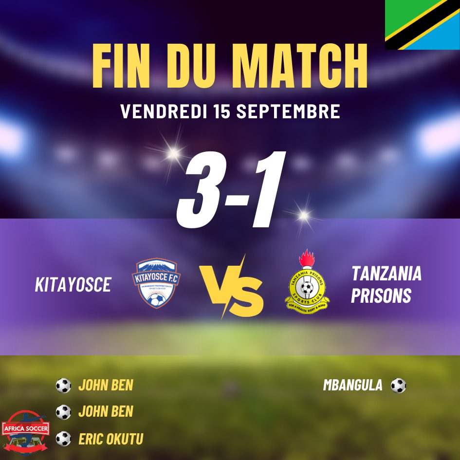 pronosin's tweet photo. [#Tanzania 🇹🇿] :

FIN DU MATCH entre Kitayosce et Tanzania prisons !!!!! Kitayosce s’impose 3-1 dans cette rencontre palpitante.

#Africa https://t.co/S98r3uAfKW