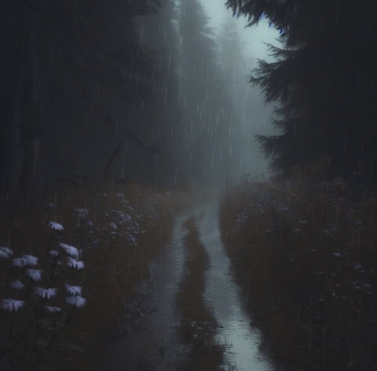 JourneyT0TheSon's tweet photo. Few raindrops burst to a gentle shower on the walk smells of pine vanilla and earth followed the remnants of a herd that chewed off an aster flower tops along the path #Raindrops #PineScent #Vanilla #AsterFlowers https://t.co/XvKsipkgqT