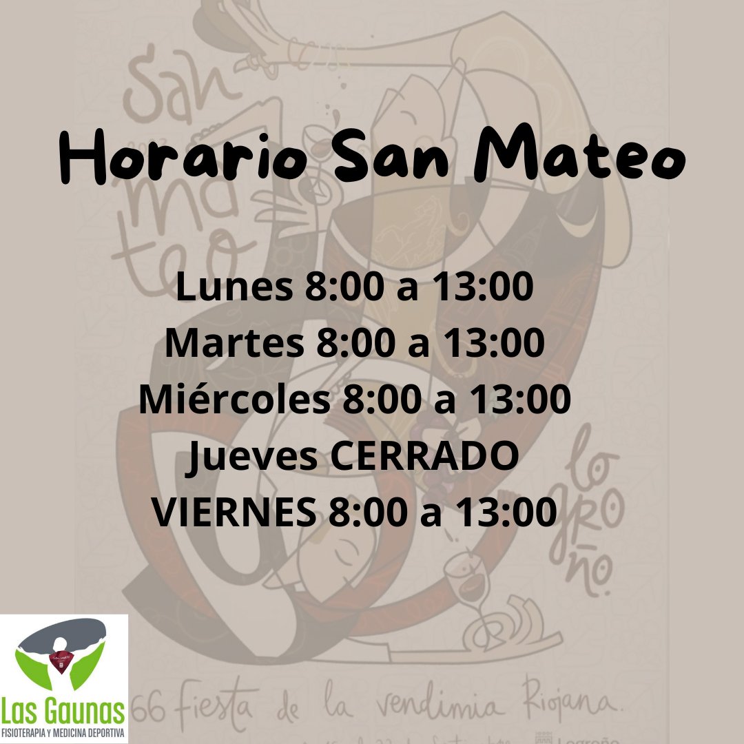 Desde Fisioterapia y Medicina las Gaunas os deseamos Felices fiestas de San Mateo!! DISFRUTAR MUCHO 🍇🍇🍷🍷

#horariosanmateo #TeamlasGaunas #fisioterapia #logroño #sanmateo2023