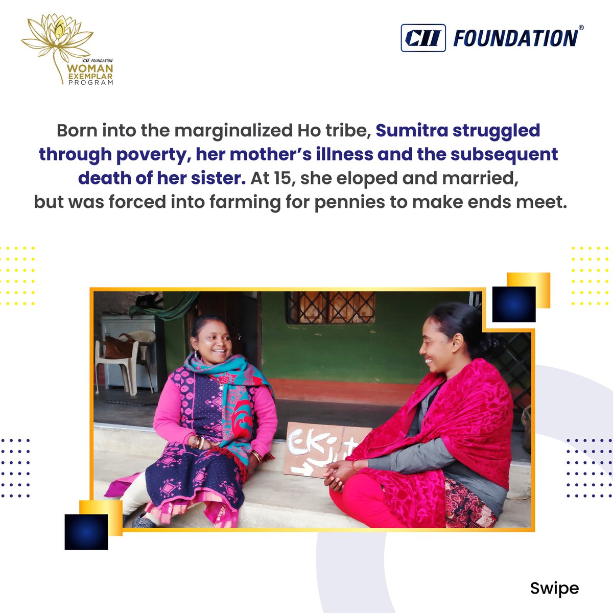 CIIFoundation's tweet photo. Meet @GagraiSumitra1, our Woman Exemplar 2020 from #Jharkhand, who overcame adversity to become a ground-up health champion. Her journey inspires us to #LeadLikeANaari.

Know someone like Sumitra? Nominate them for the Woman Exemplar Award 2024! 
https://t.co/JKoBELgJ4K https://t.co/5m3IKmMnyP