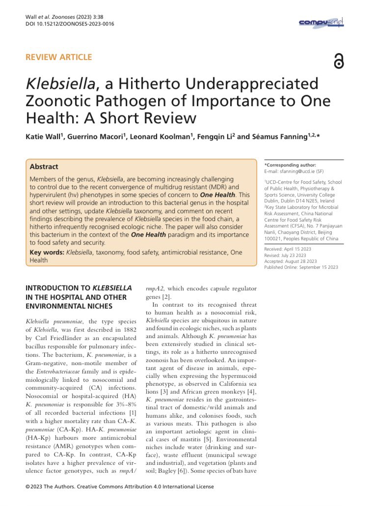 Delighted to have my first paper published in Zoonoses today. It provides an update on the taxonomy of the Klebsiella species and describing Klebsiella from the point of view #foodsafety, #AMR and #OneHealth
 <a href="/ZoonosesJ/">Zoonoses</a> <a href="/CfsUcd/">CFS-UCD</a> <a href="/ucddublin/">University College Dublin</a> <a href="/IrishResearch/">We are now Research Ireland</a> <a href="/ucd_sphpss/">UCD Public Health, Physiotherapy & Sports Science</a>