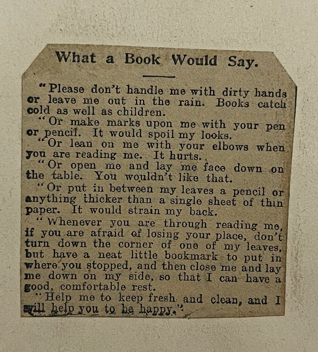 NMSlibraries's tweet photo. It's #foundfriday and here we have some sage advice from a news cuttings scrapbook called 'Gleanings from the field of current literature, gathered, winnowed & garnered by Robert Scott' c.1909.
#LibraryTwitter https://t.co/frrOiWux7x