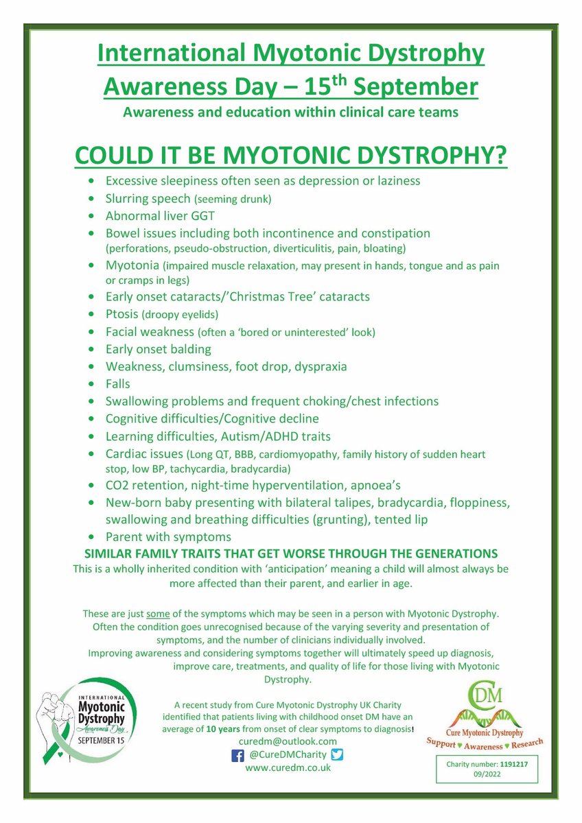 It's Awareness Day 2023!
Diagnosis leads to care and support. Could it be Myotonic Dystrophy? #MyotonicDystrophyAwareness #MyotonicDystrophy