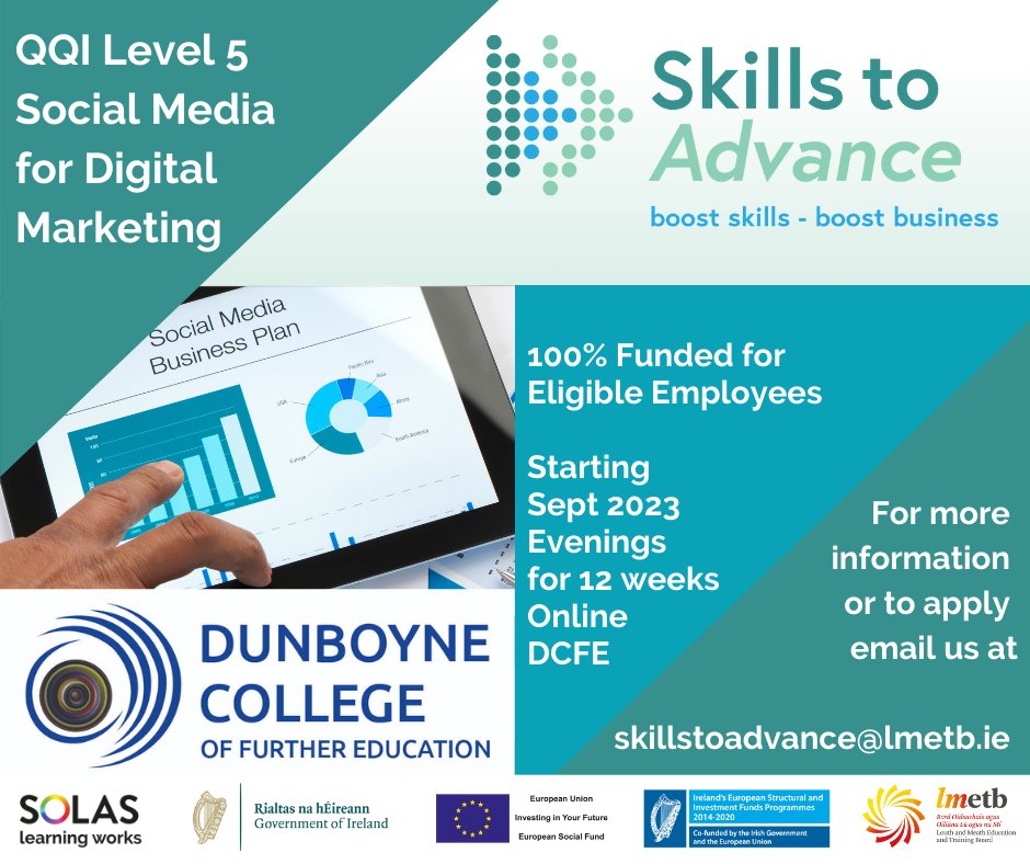 Skills to Advance are offering a Level 5 Social Media for Digital Marketing course which is 100% funded to eligible employees.  
This course will be delivered Online by Dunboyne College of Further Education commencing Sept,  To apply click this link

fetchcourses.ie/course/finder?…