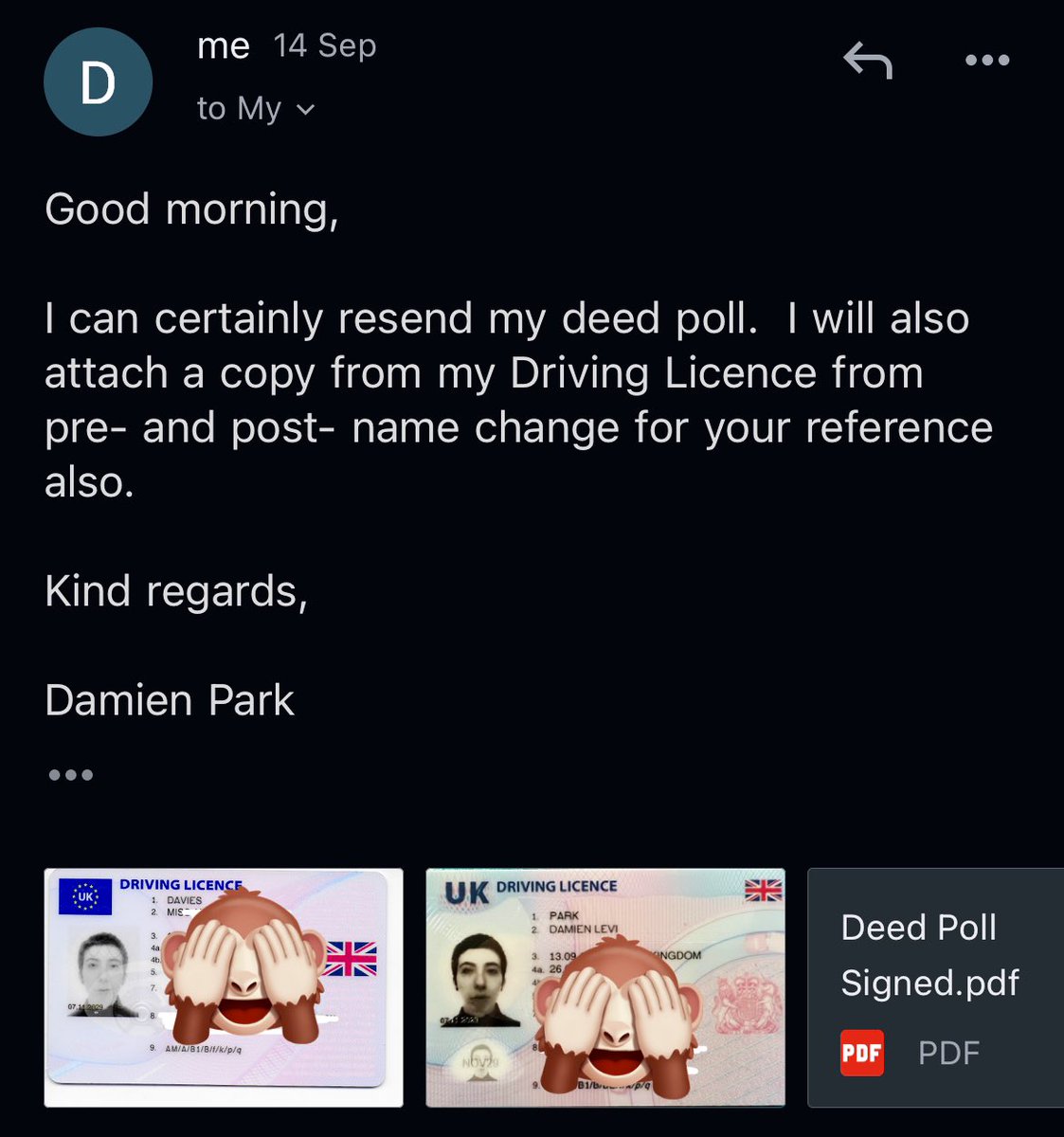 dlpark337's tweet photo. Heehee the @Argos_Online debacle continues. They asked me to resend my deed poll (didn’t even answer my question about whether it would be best to just clear my balance and close my account). So I did just that, with my pre and post name change Driving Licence pics. https://t.co/Nm6LhjAKCw