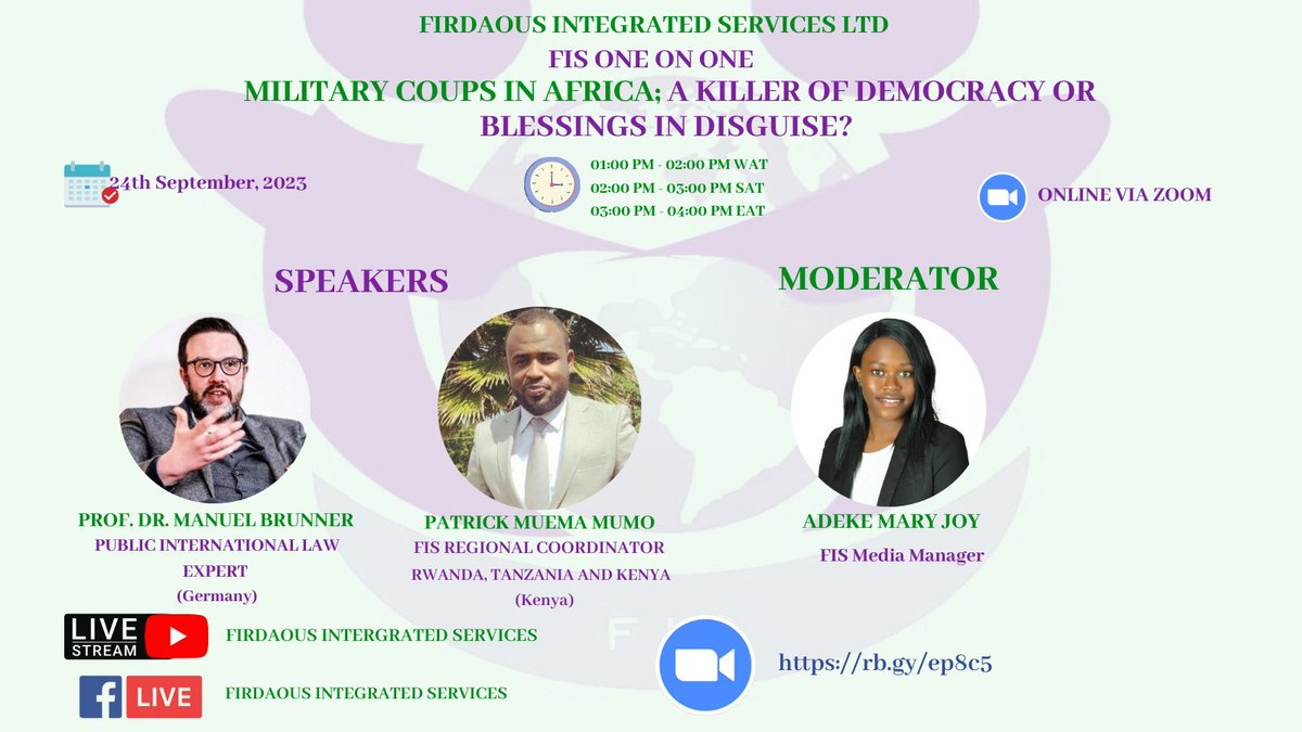FirdaousIntegr1's tweet photo. Join Prof. Dr. Manuel Brunner &amp; Patrick Muema Mumo on 9/24 3pm EAT for a virtual discussion on "Military coups in Africa: killer of democracy or blessing in disguise?" Get insights into coup causes, impacts &amp; more. RSVP: [https://t.co/512rCQ7CIk] #Africa #democracy https://t.co/Vwr8maPbCv