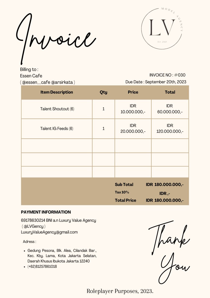 ㅤㅤ

Dear, Essen Cafe
( <a href="/essen__cafe/">𝐄𝐒𝐒𝐄𝐍 𝐂𝐀𝐅É</a> <a href="/arsirkata/">森, 𝐑𝐄𝐍𝐉𝐀𝐍𝐈.</a>) 

We just sent you the invoice #030. Please don't hesitate to reach out if you have any questions. We look forward to conducting our future business.

🖇️ INVOICE_LV_ESSEN

Regards,

Luxury Value Agency. 

ㅤㅤ