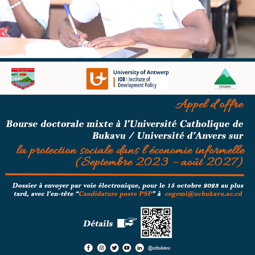ucbukavu's tweet image. L’@ucbukavu et  l’@IOBUA de l’@UAntwerpen cherchent à recruter un.e chercheur.e pour entamer une recherche doctorale sur la protection sociale dans le contexte d’exploitation minière informelle en RDC.

Détails👉ucbukavu.ac.cd/bourse-doctora…

#ucbukavu #UCB #PhD